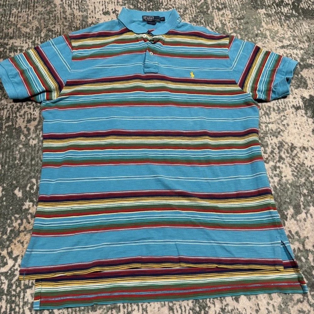 Vintage Polo Ralph Lauren Striped Polo Shirt Mens XL Aqua Blue Multicolor 90s